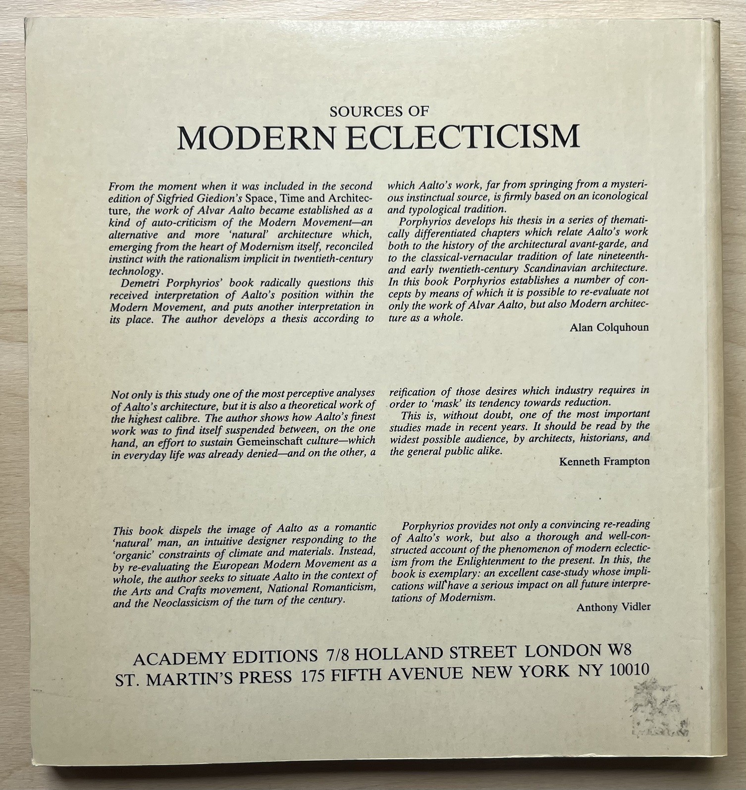 SOURCES OF MODERN ECLECTICISM Studies On Alvar Aalto 1982 Demetri Porphyrios PB