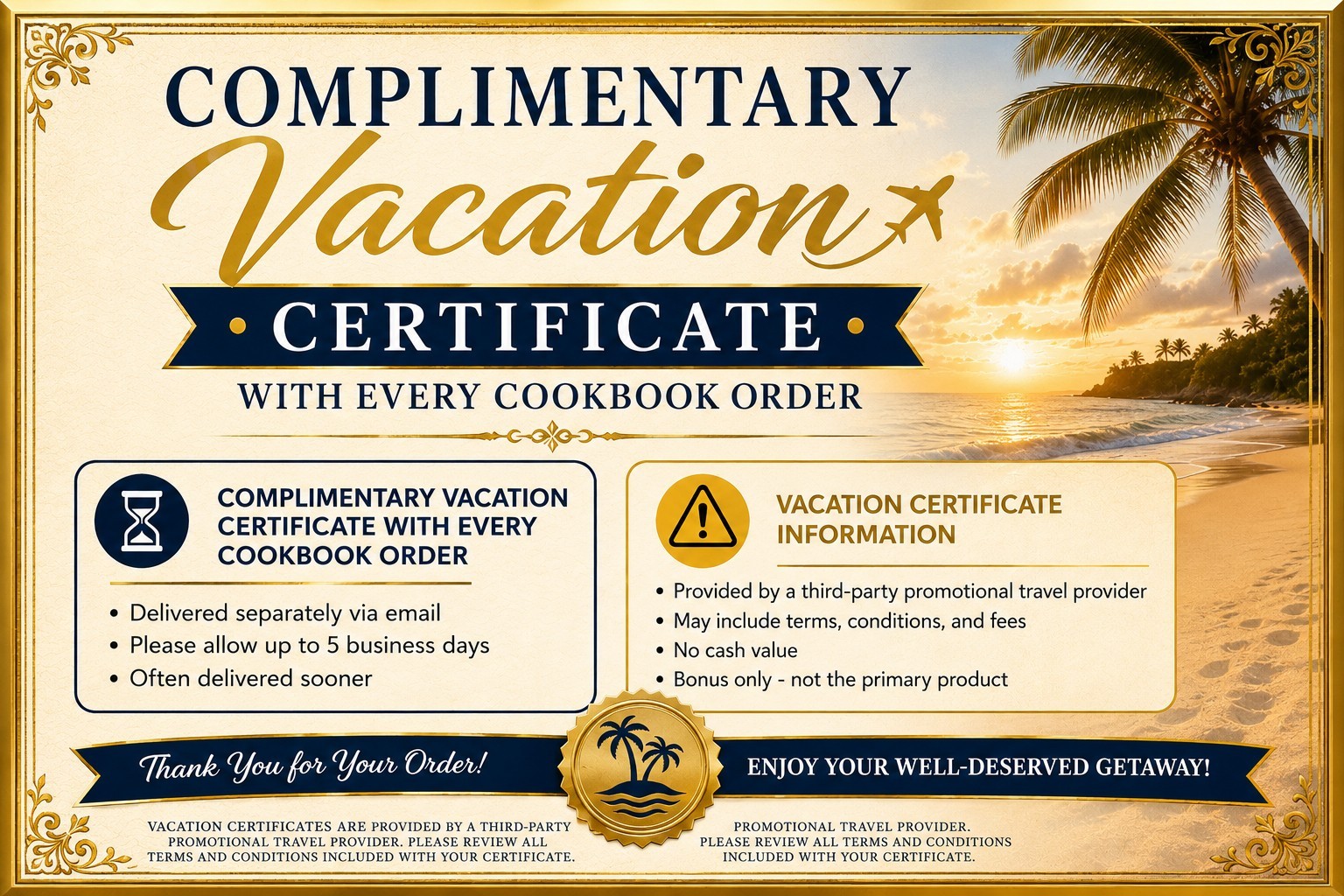 Cookbook Classic Vegan Recipes Cookbook + Vacation Certificate w/ cook book