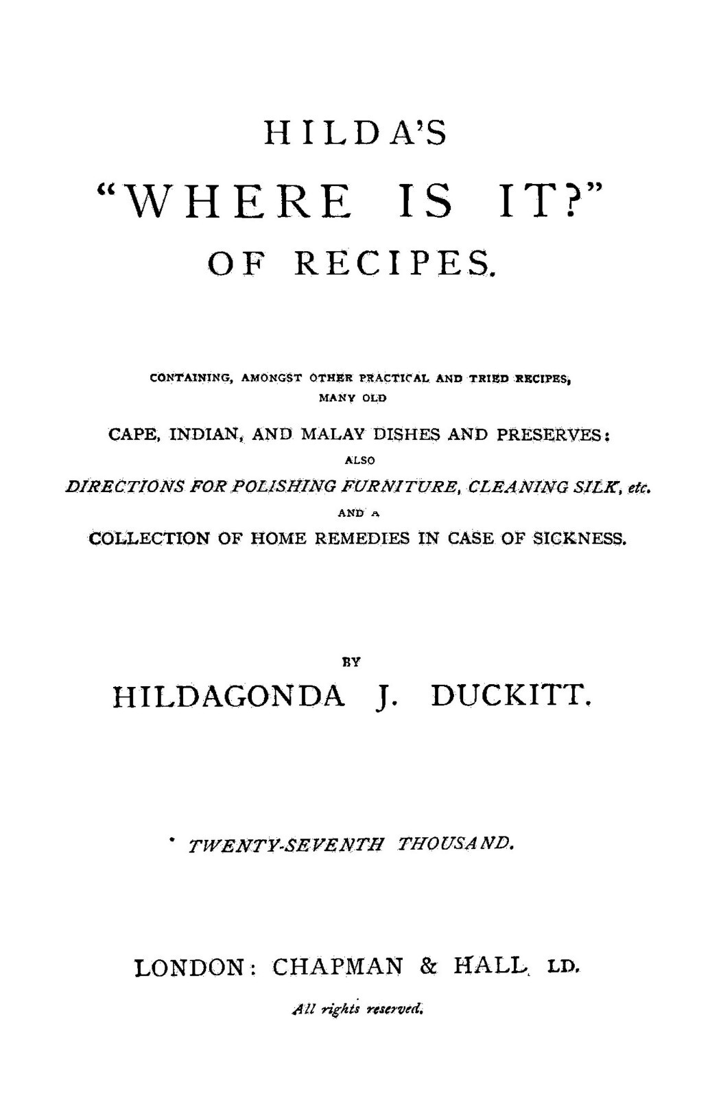 1891 Hilda’s Where Is It Of Recipes 274 Pages