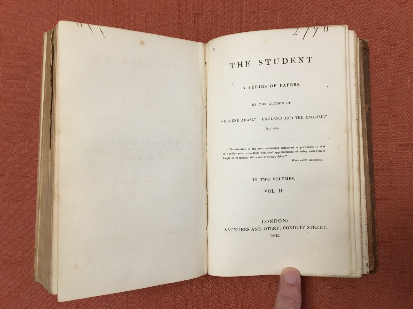 Antique 1835 The Student A Series of Papers, in Two Vol. by Edward Bulwer-Lytton
