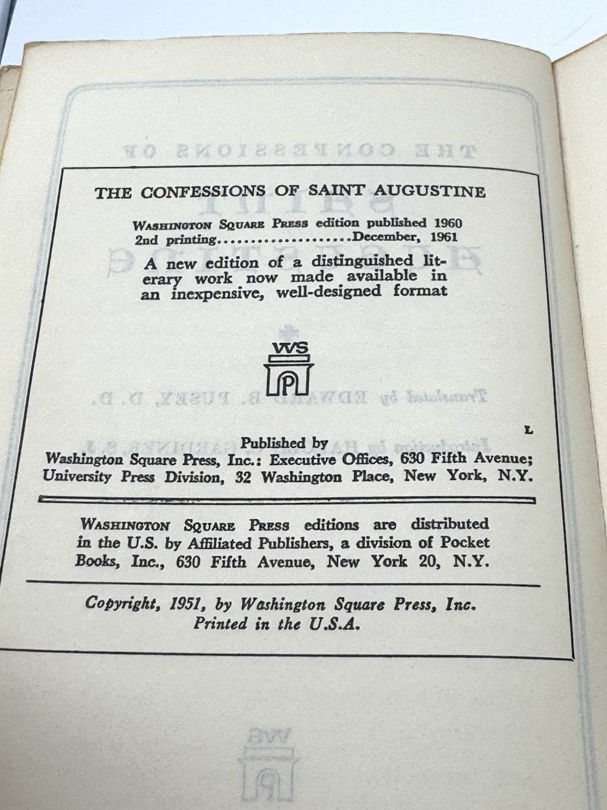Confessions of Saint Augustine Washington Square Press 1961 Paperback