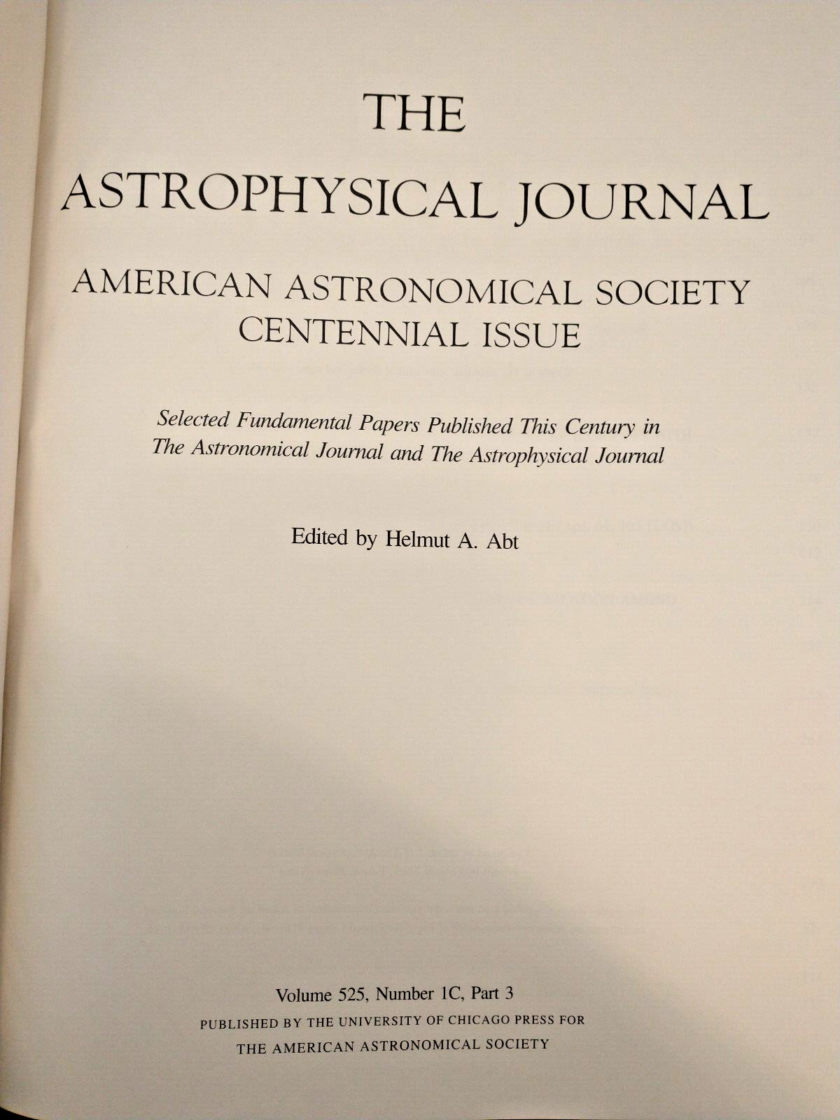 THE ASTROPHYSICAL JOURNAL. AMERICAN ASTRONOMICAL SOCIETY CENTENNIAL ISSUE 1999