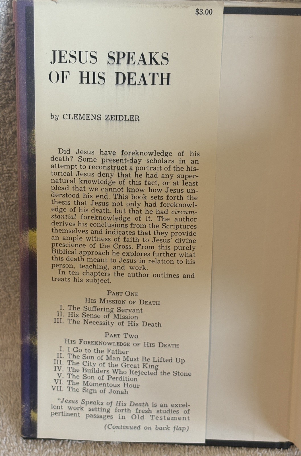 JESUS SPEAKS OF HIS DEATH  by Clemens Zeidler  HC /DJ /VG 1966 Excell Cond