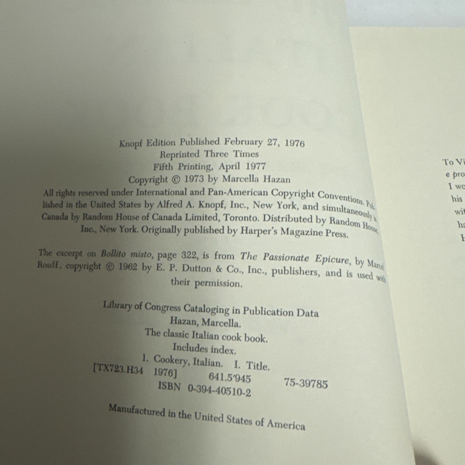 The Classic Italian Cookbook By Marcella Hazan, Vintage 1977 Hardcover With DJ