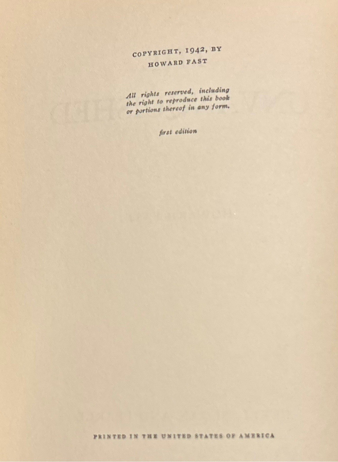 Howard Fast The Unvanquished 1942 First Edition HC Duell Sloan & Pearce VG Con.