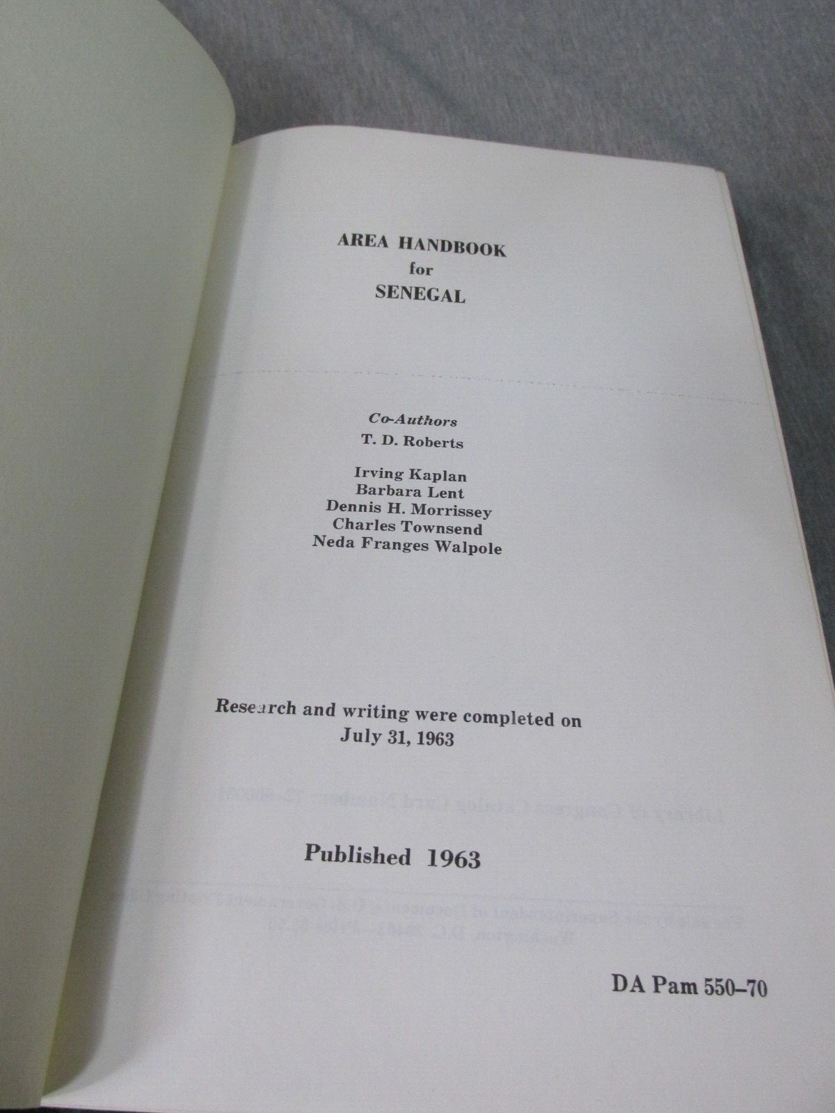 AREA HANDBOOK FOR SENEGAL 1963 DA PAM 550-70 Hardback