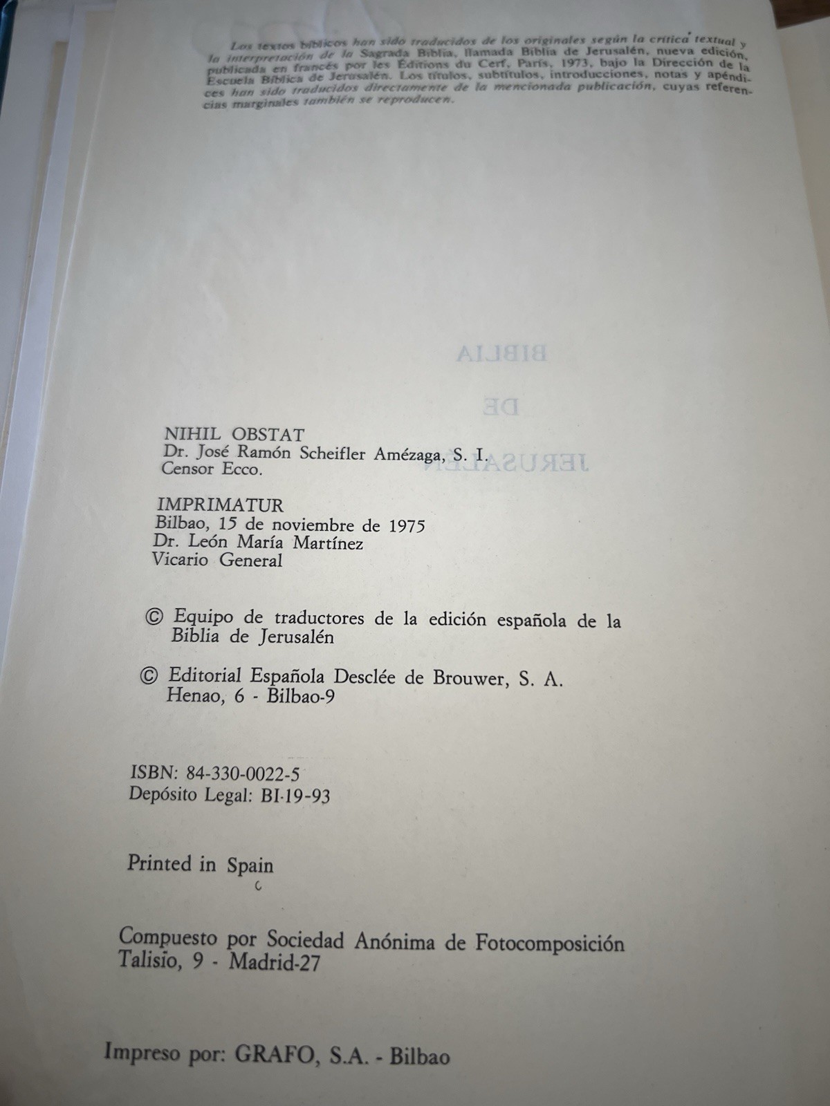 1993 Nueva Biblia de Jerusalen Desclee de Brouwer Bilbao Tapa Dura in Spanish