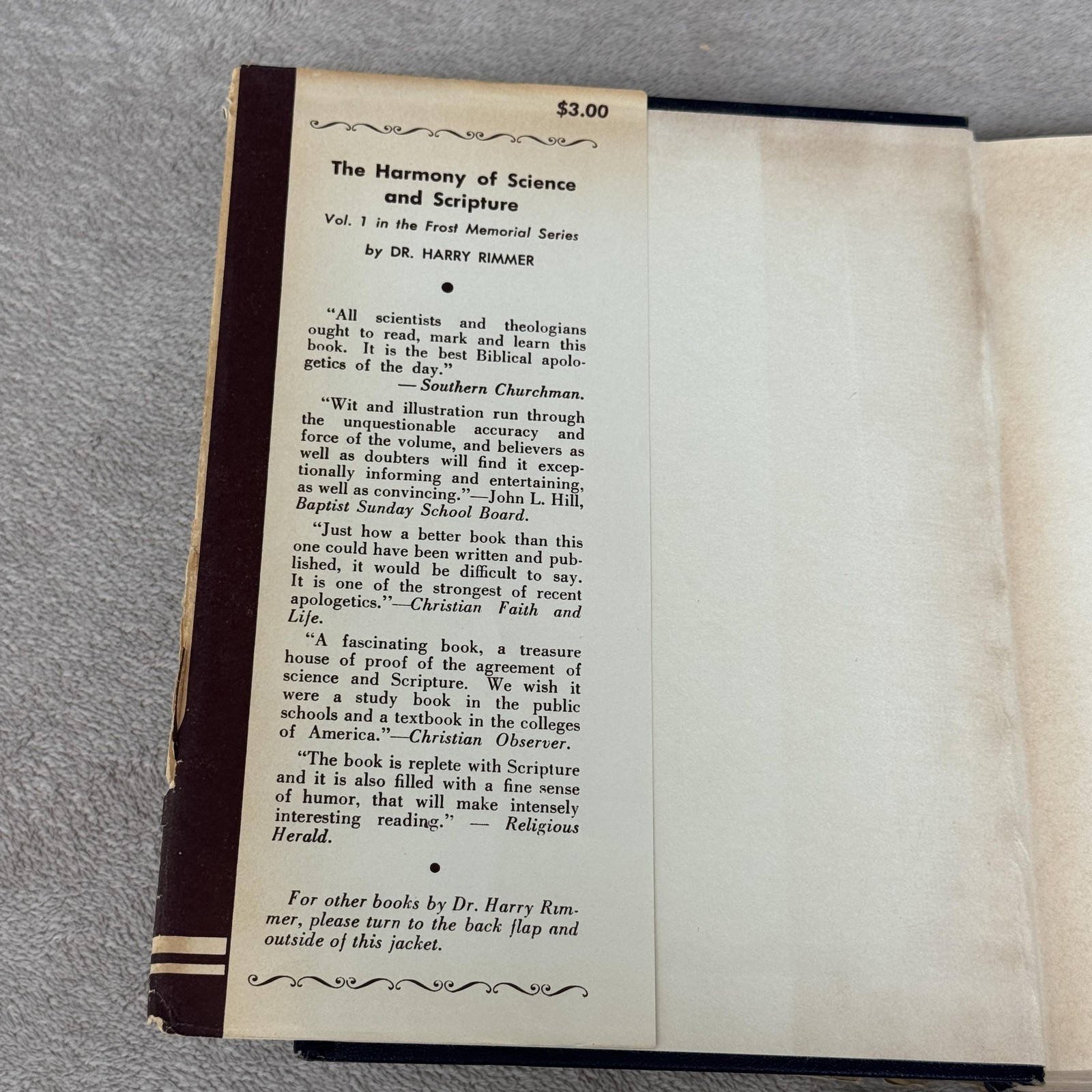 Vintage Harmony Of Science And Scripture Harry Rimmer Eerdmans 1952 HC DJ USA