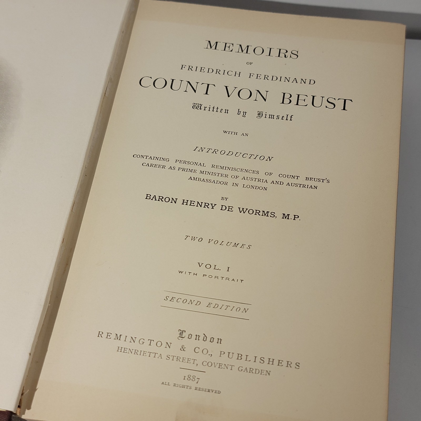 Memoirs of Count Beust Baron de Worms Reminton Volumes 1 & 2 Hardcover Set
