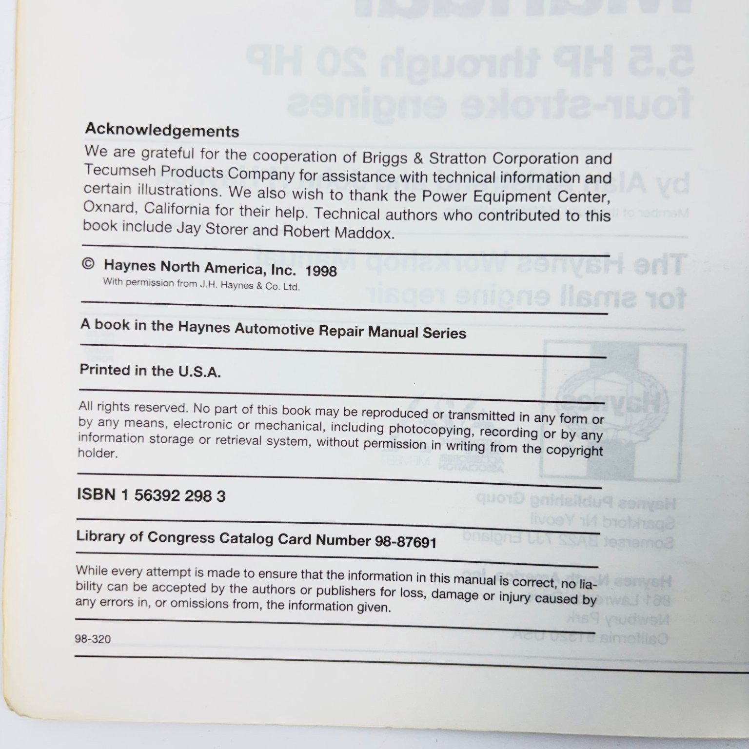 Haynes Small Engine Repair Manual 5.5 – 20 HP Four – Stroke 1998 Alan Ahlstrand