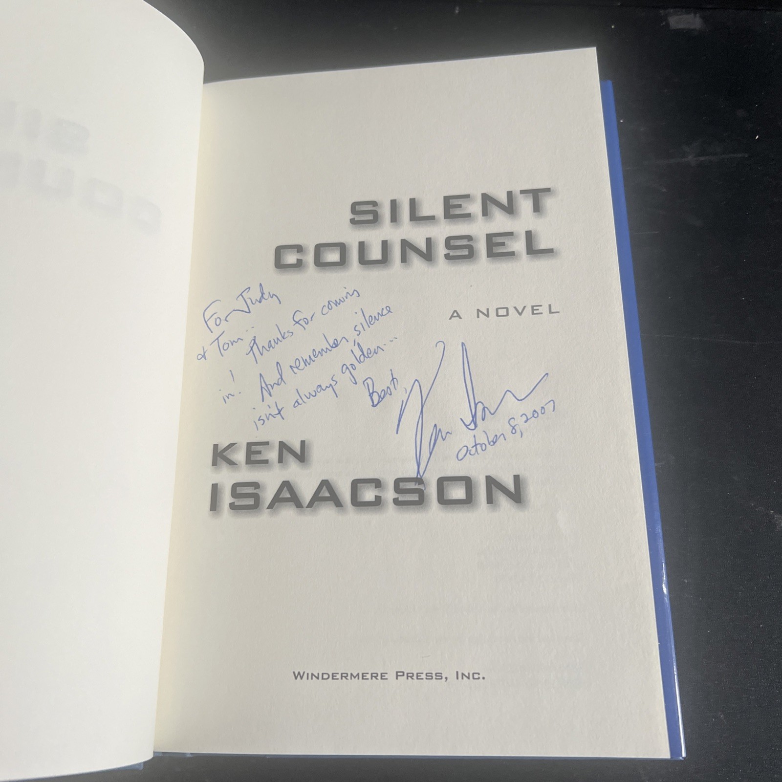 SIGNED 1st Edition Silent Counsel Hardcover by Ken Isaacson HC DJ Thriller Novel