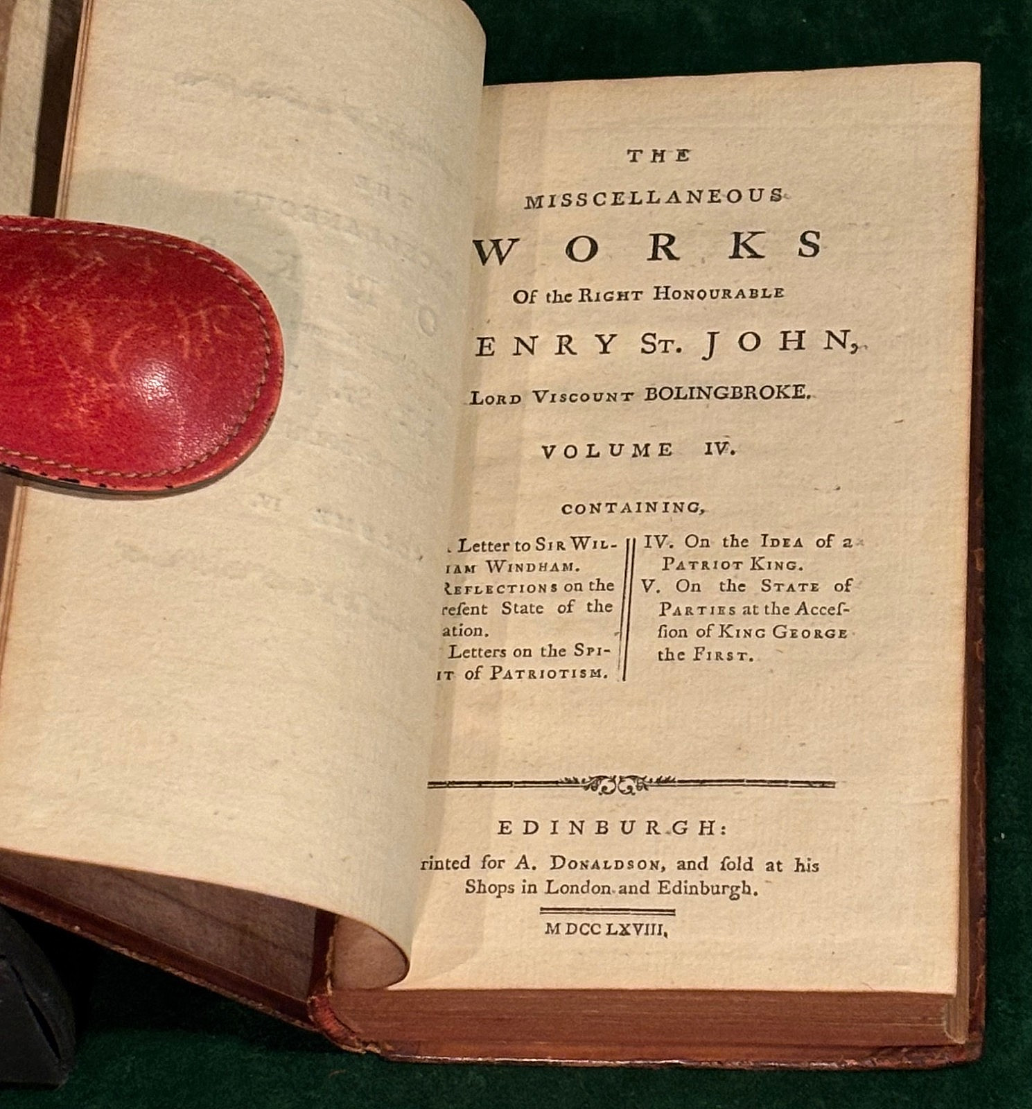 BOLINGBROKE. Miscellaneous Works. 4 vols. 12 mo. Full calf. Edinburgh, 1768