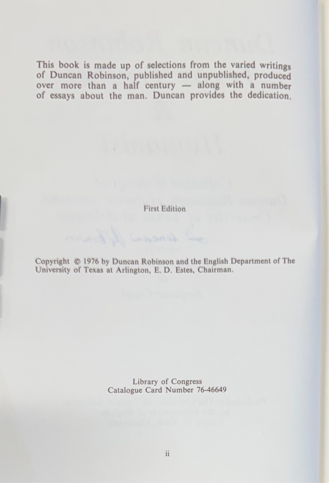 Duncan Robinson: Texas Teacher & Humanist Signed 1976 Hardcover 1st. Ed.