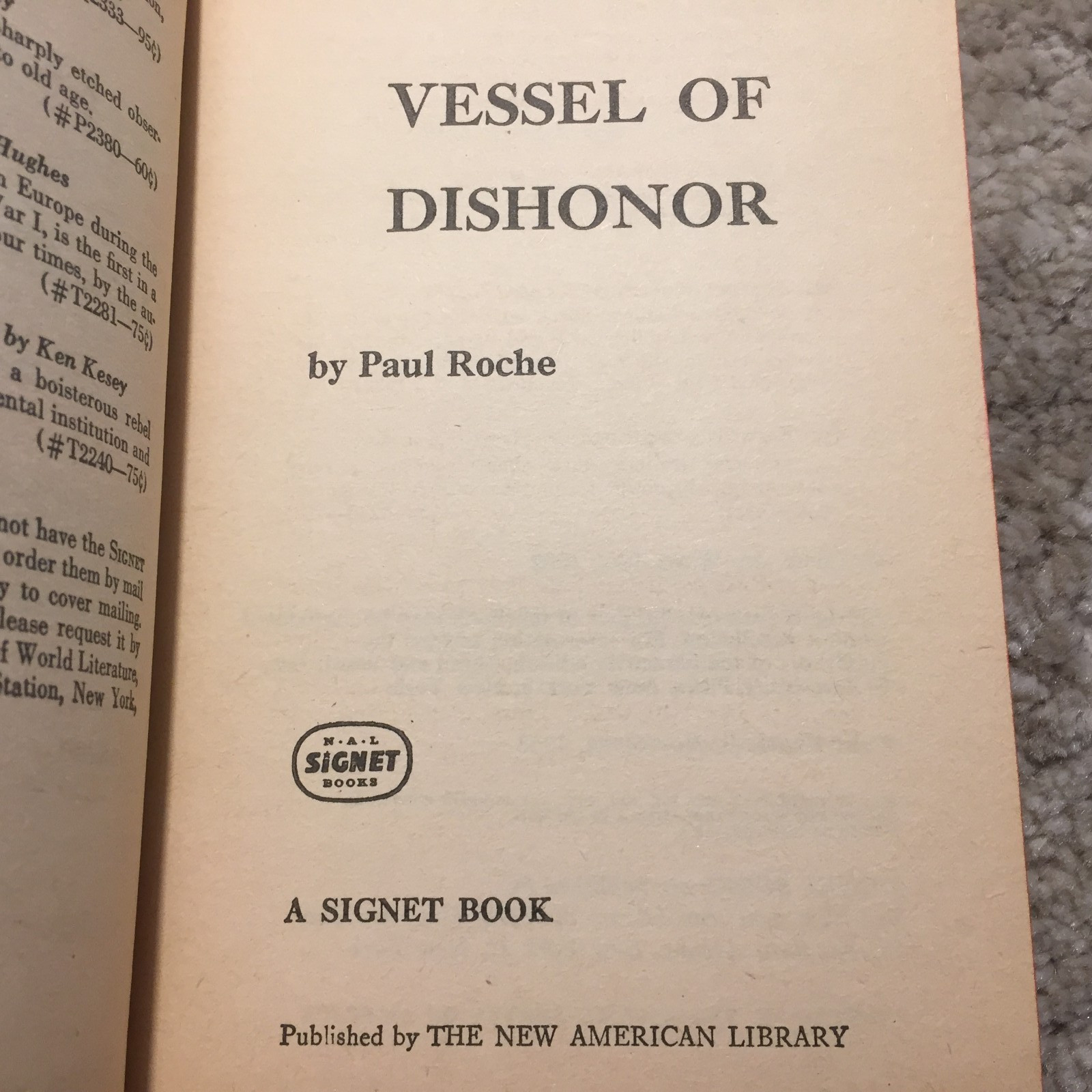 Vessel Of Dishonor Paul Roche 1963 Signet Catholic Priesthood Paperback Book