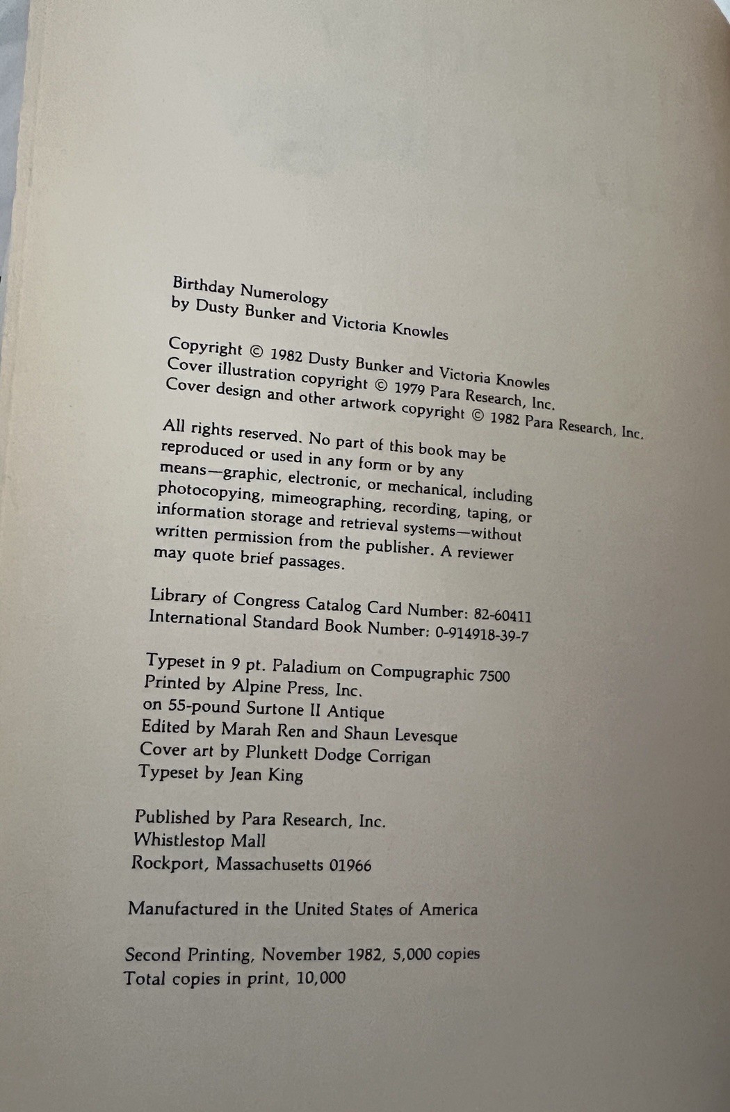 1982 Birthday Numerology Dusty Bunker Victoria Knowles Softcover Book