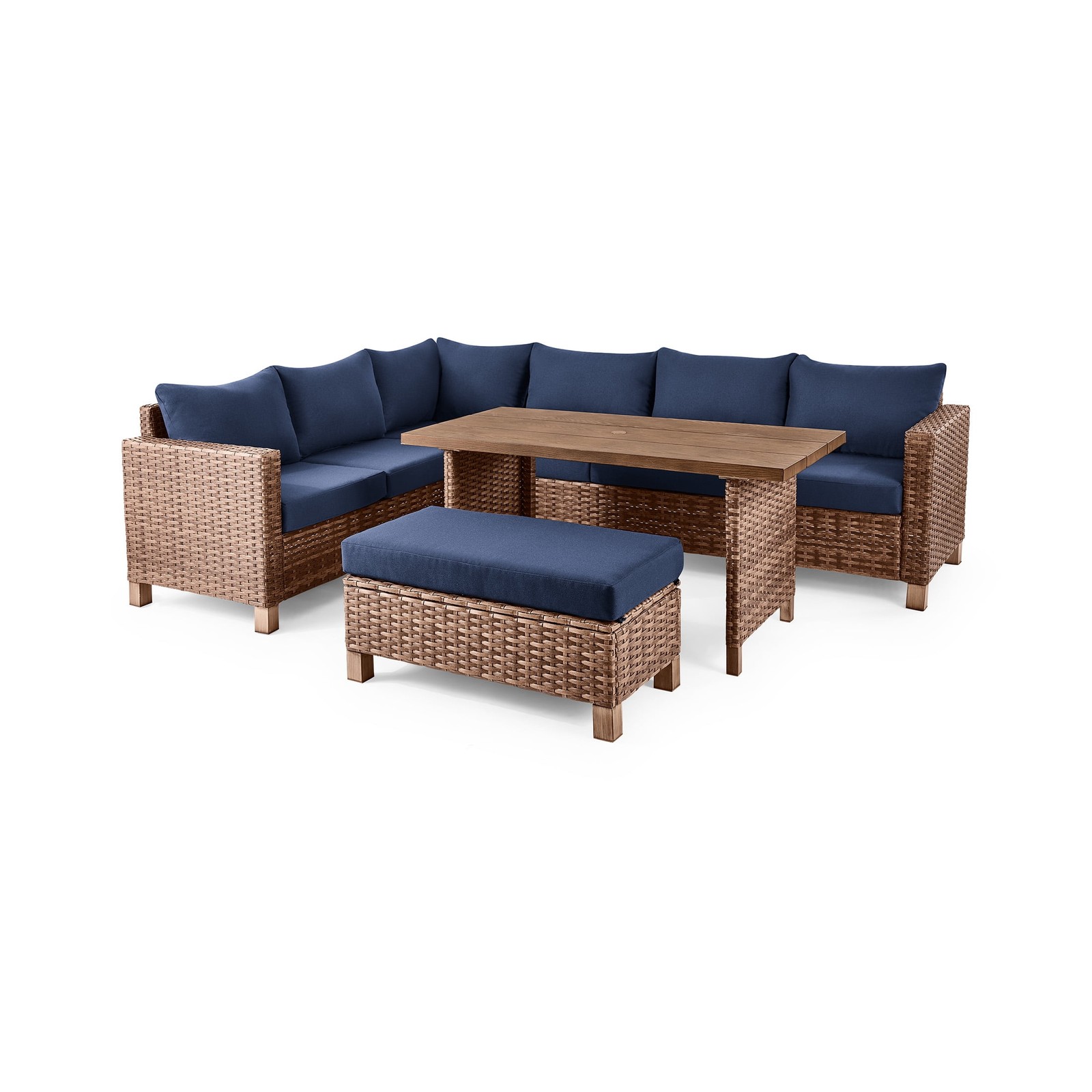 Brookbury 4-Piece Wicker Patio Sectional Dining Set with Navy Cushions
