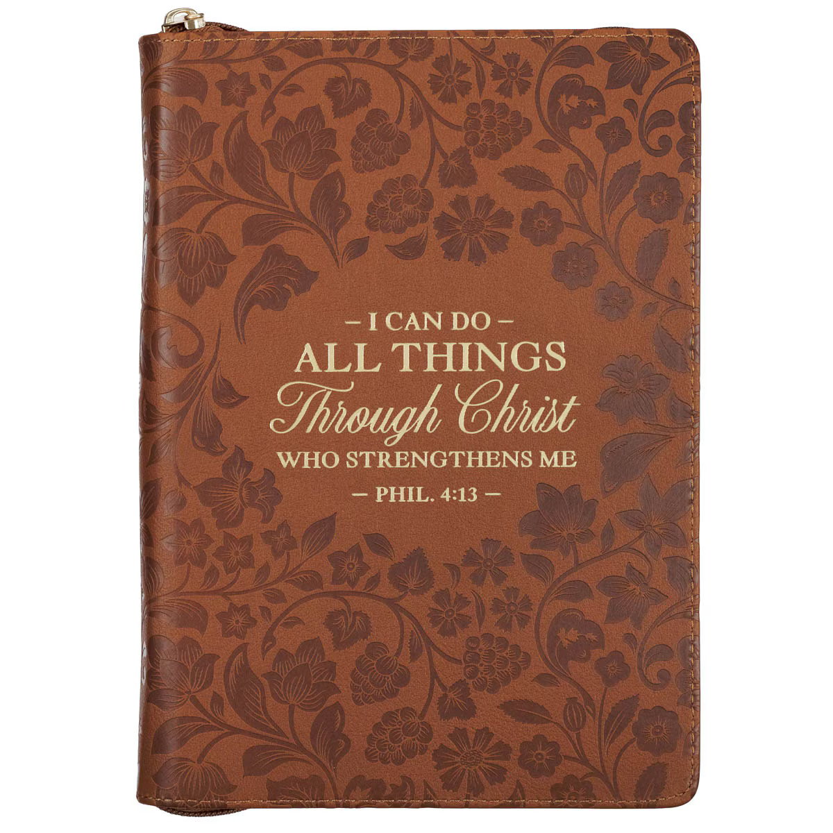 Brown Vegan Leather Zipped Journal, Inspirational Women’s Notebook Floral All