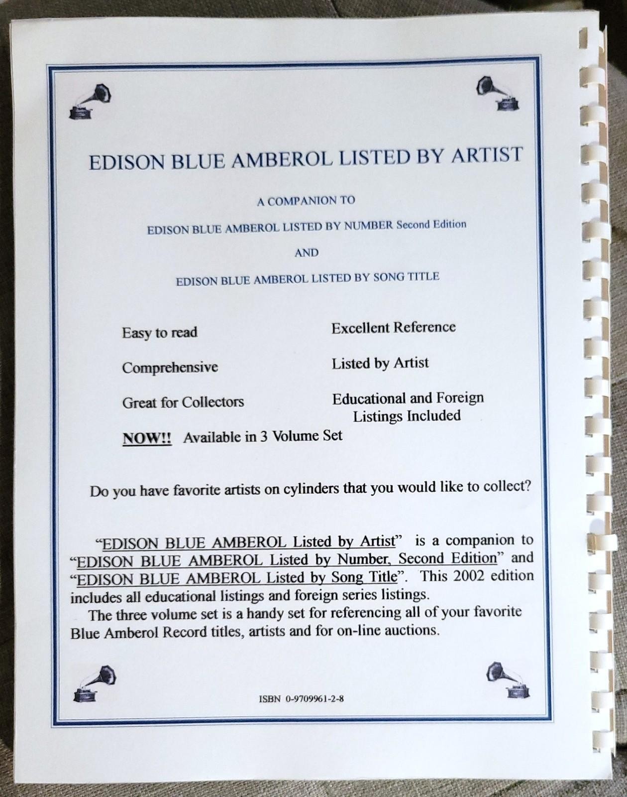 W.S. & R.K. Wimmer EDISON BLUE AMBEROL RECORDS Listed by Artist 2002