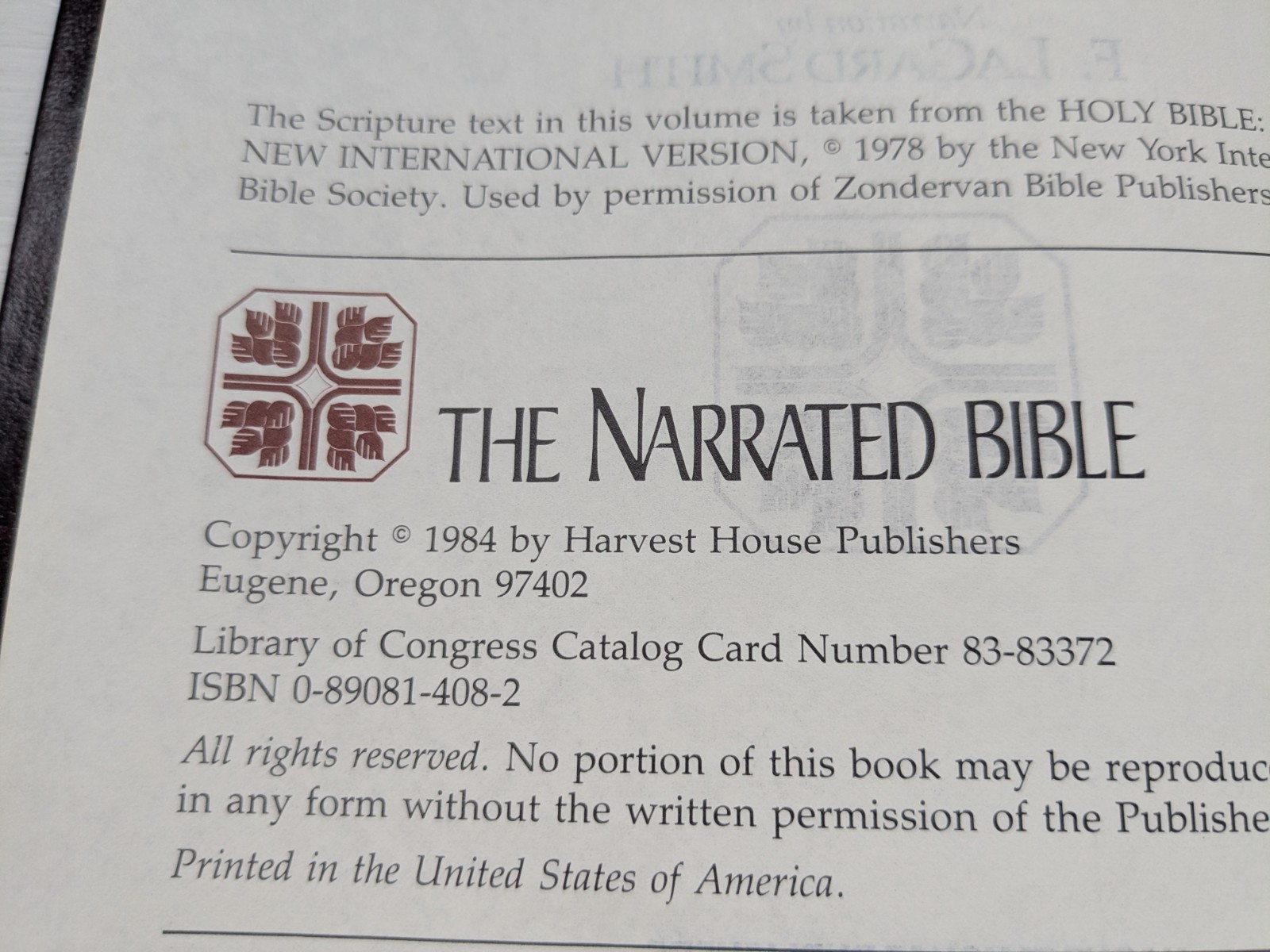 The Narrated Bible In Chronological Order NIV Narration by F. LaGard Smith 1984