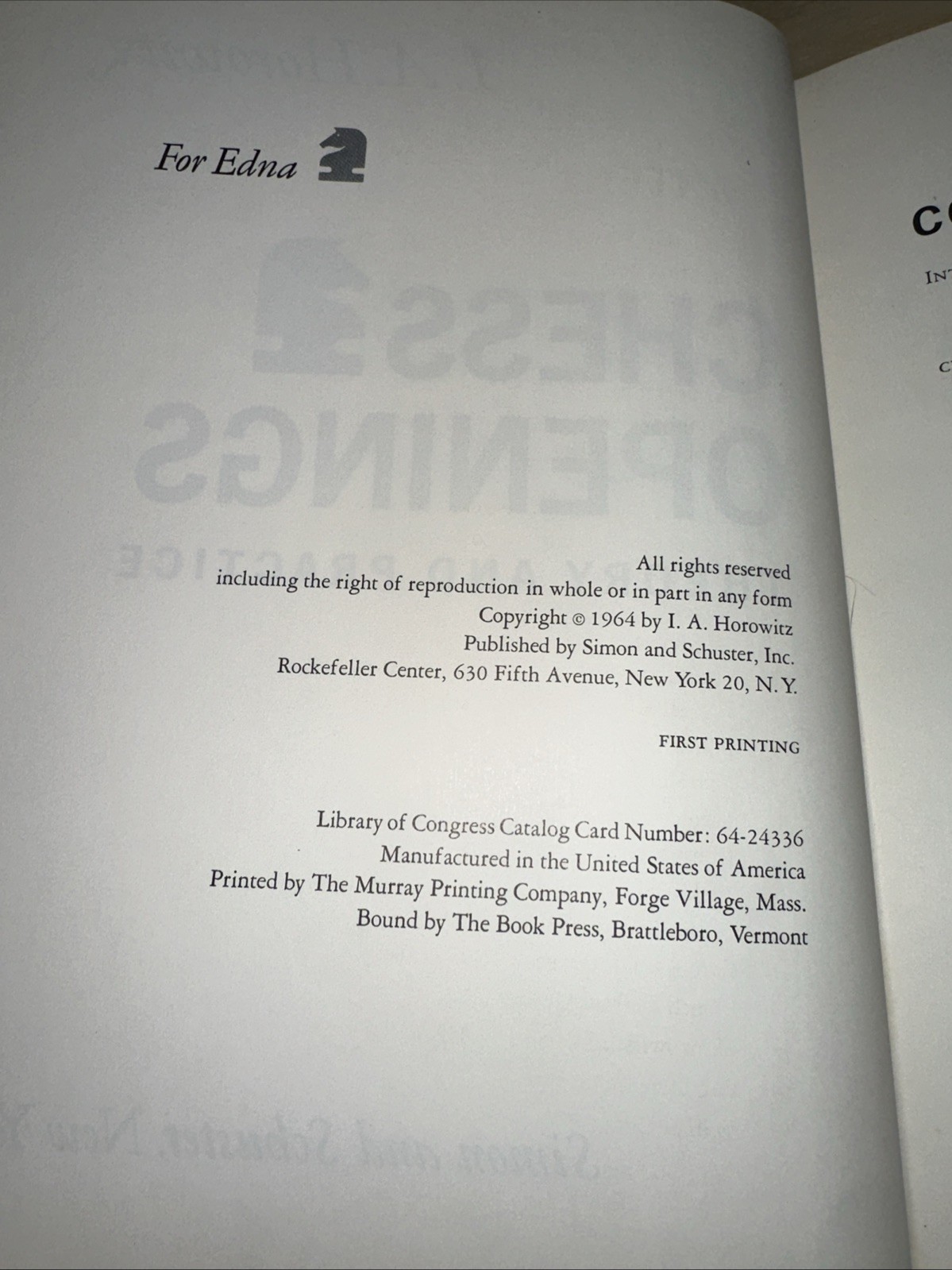 Chess Openings: Theory And Practice by I. A. Horowitz 1964 First Printing HC