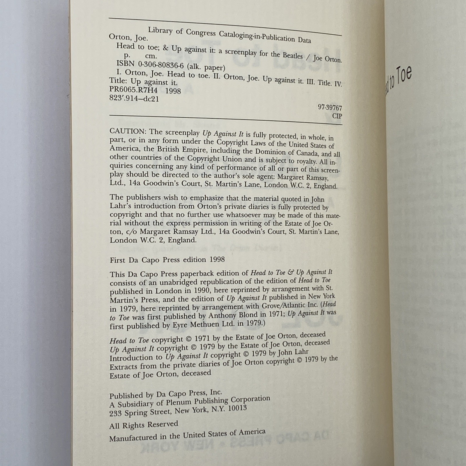 Head to Toe : Screenplay for the Beatles up Against It by Joe Orton 1998 PB