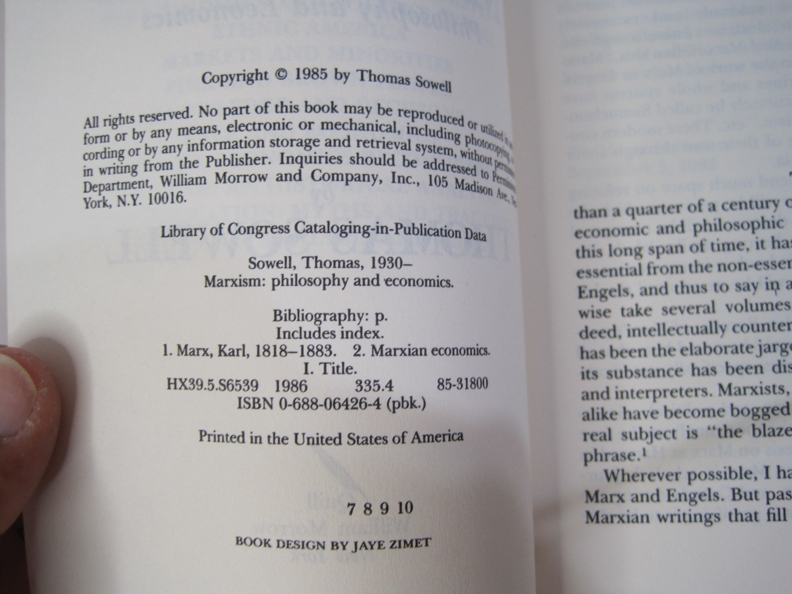 Marxism: Philosophy and Economics by Thomas Sewell PB 1986 Quill William Morrow