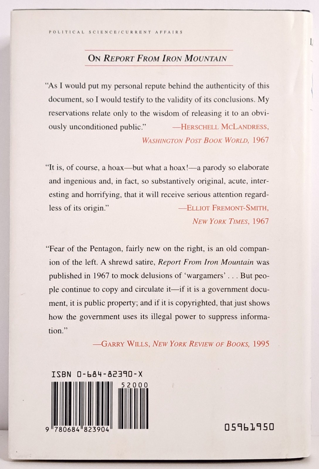 Report From Iron Mountain | Leonard C. Lewin ~ The Free Press HC 1996 Satire