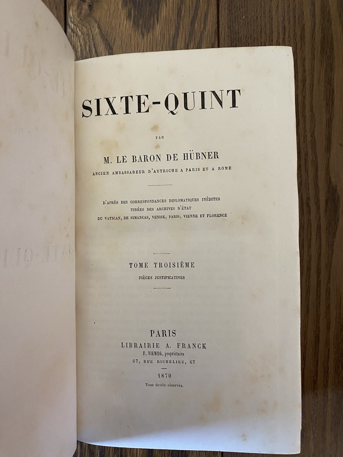 1870 Sixte-Quint Hubner Vols 1-3 Life Times of Pope Sixtus V French Language HC