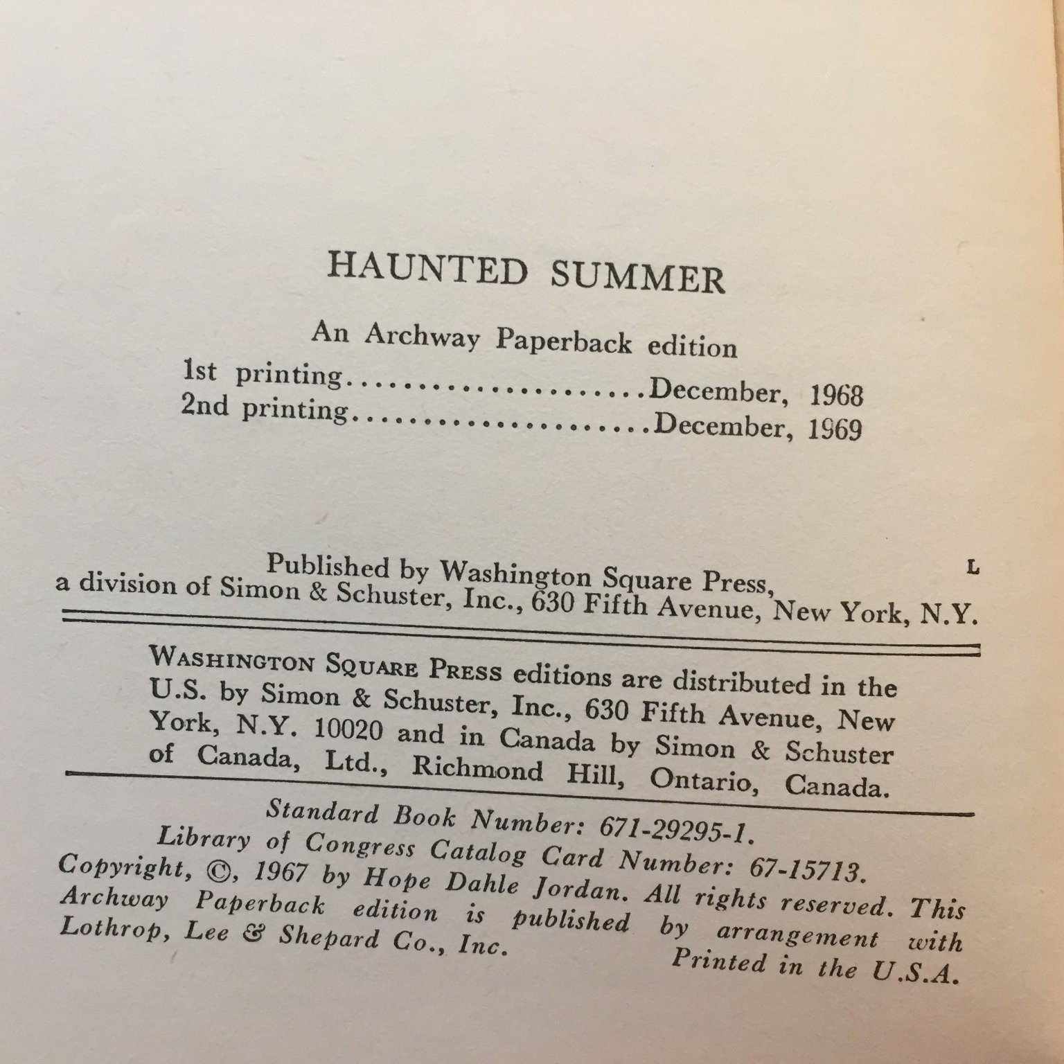 Haunted Summer Hope Dahle Jordan 1969 Washington Square Press Mystery Suspense