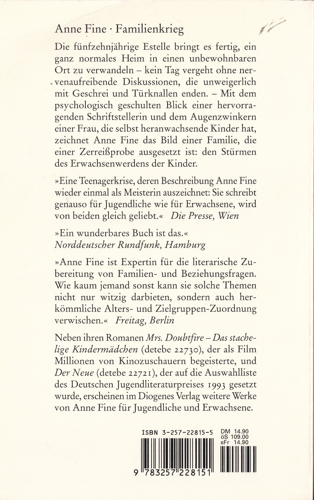 Anne Fine Familienkrieg, Roman, Diogenes, TB Erstausg, sehr gut erhalten