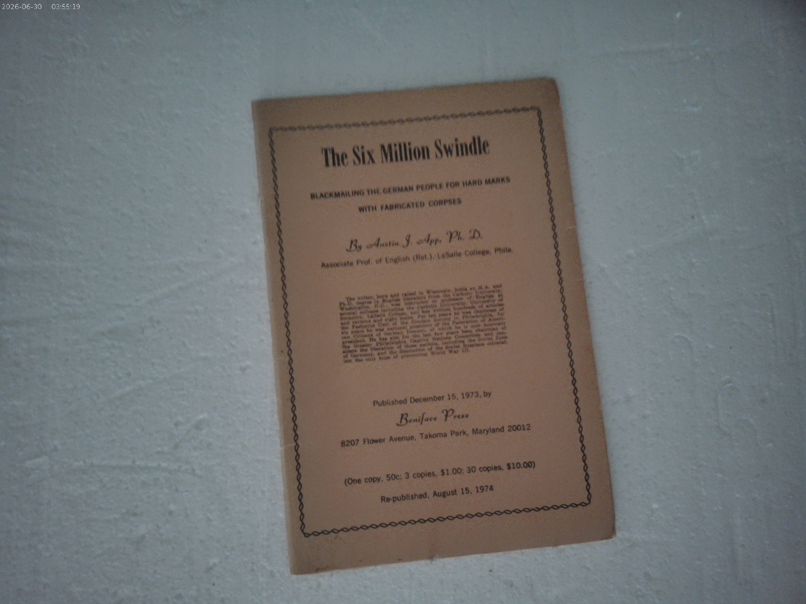 The Six Million Swindle by Austin J. App, PhD 1974 BLACKMAILING GERMAN PEOPLE