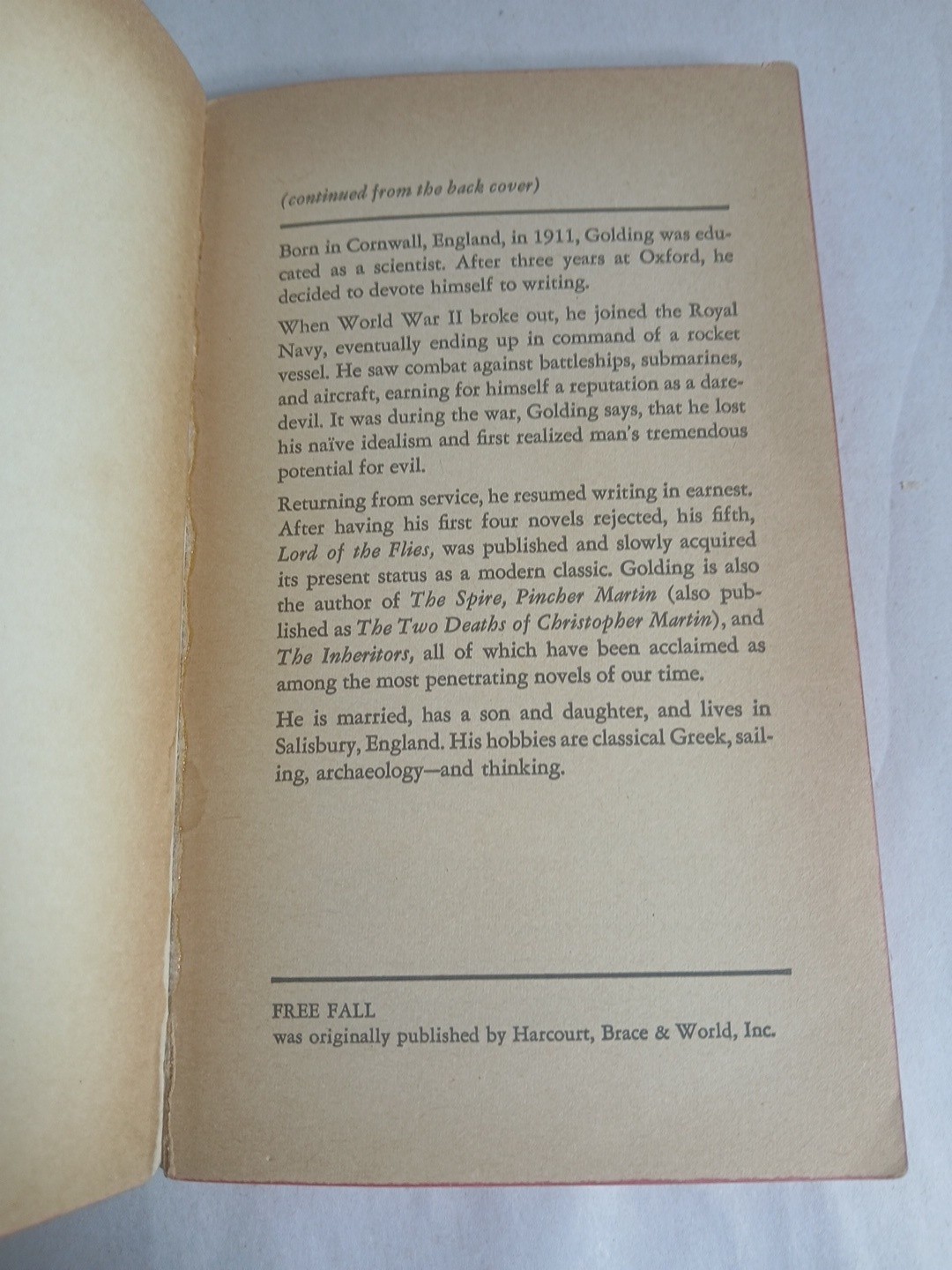Free Fall By William Golding (pocket Books 1967) 2nd Printing Pb
