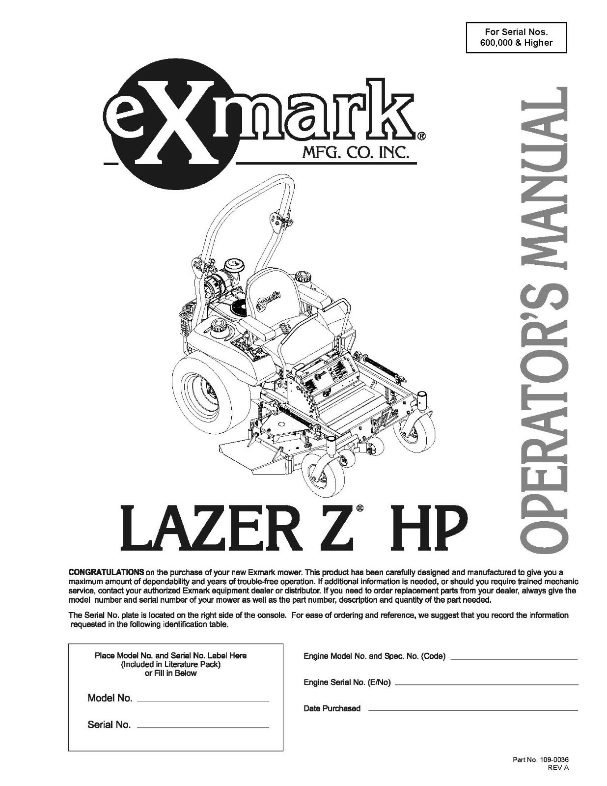 eXmark Lazer Z HP Operators Manual & Part List Diagrams Schematics LHP20KC505
