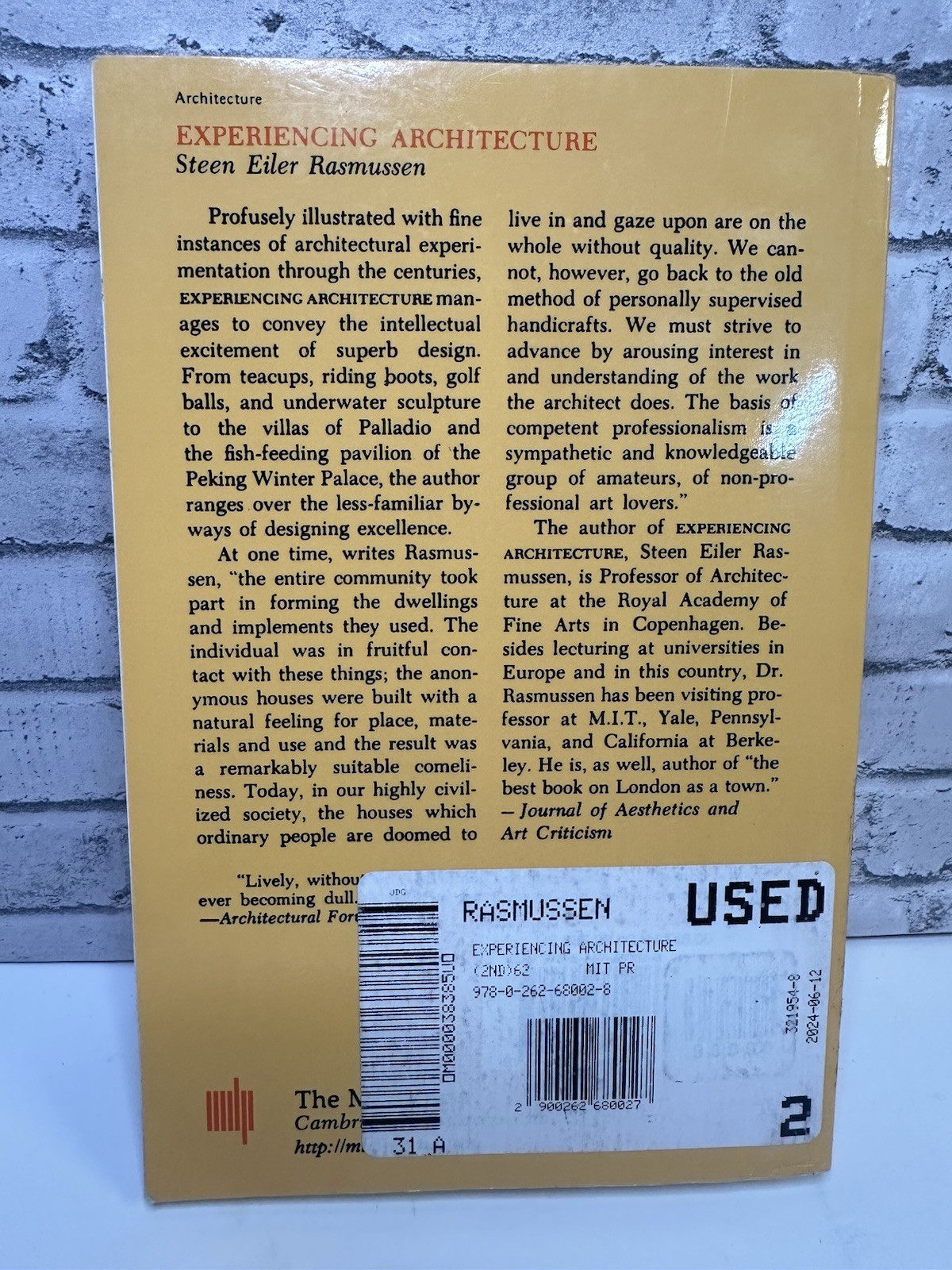 Experiencing Architecture Rasmussen, Steen Eiler paperback Used – Good