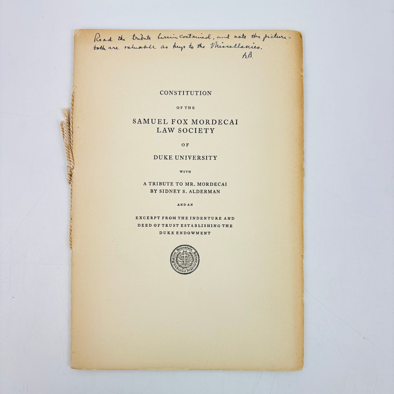 1931 Mordecai’s Miscellanies Duke Law Founding Dean SIGNED Association Copy