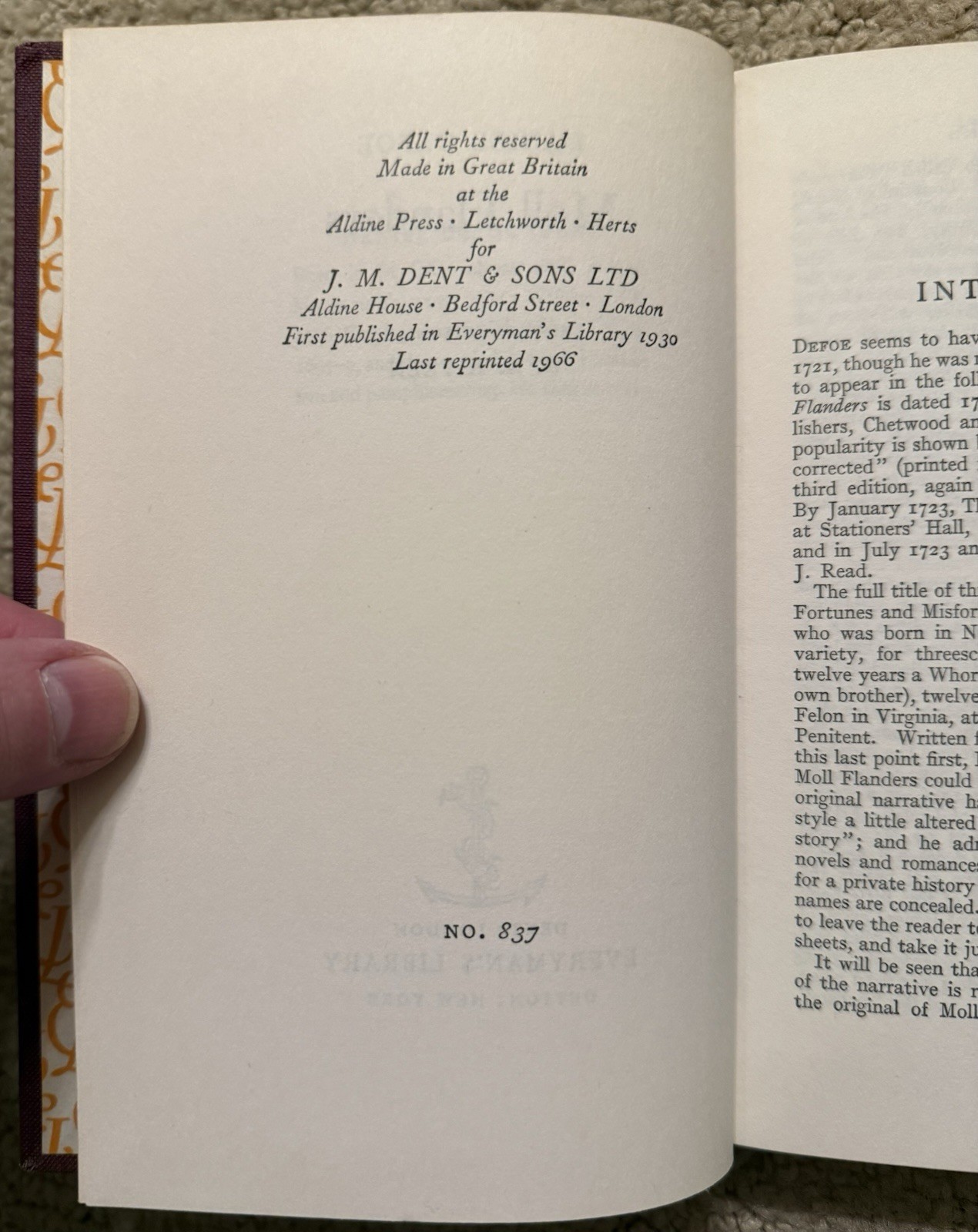 MOLL FLANDERS BY DANIEL DEFOE 1966 EVERYMAN’S LIBRARY VINTAGE HARDCOVER W/ DJ