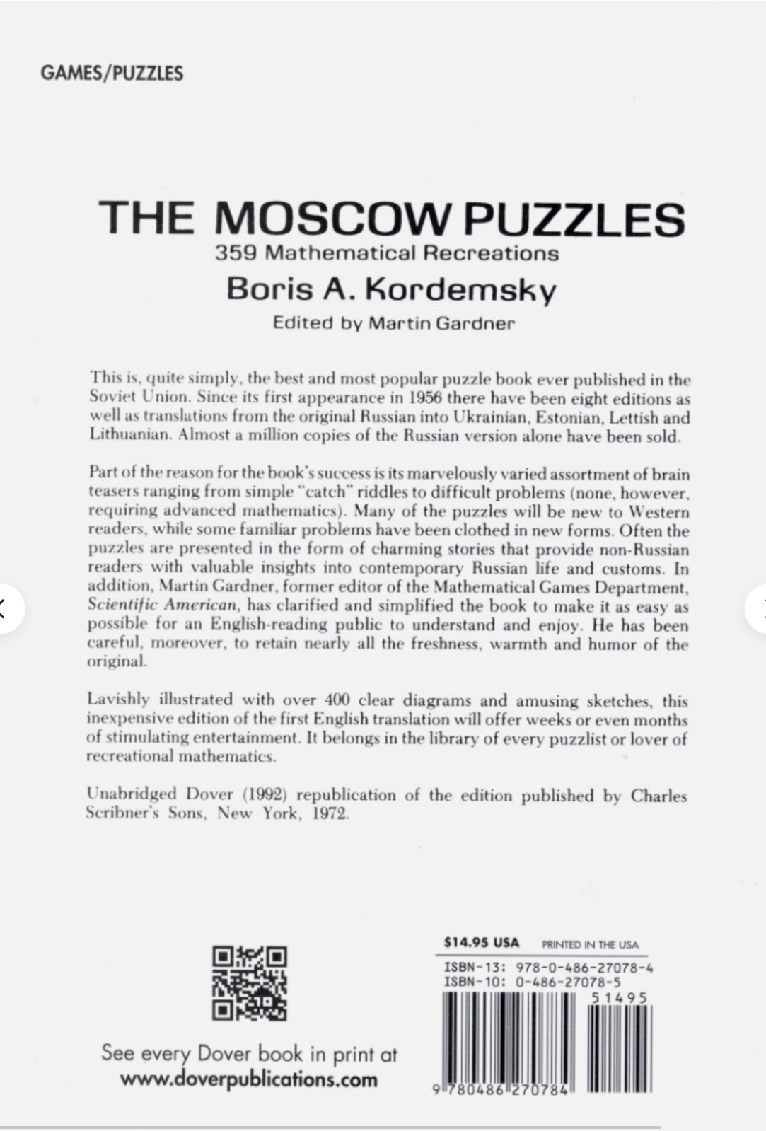 The Moscow Puzzles: 359 Mathematical Recreations (Dover Math Games & Puzzles…