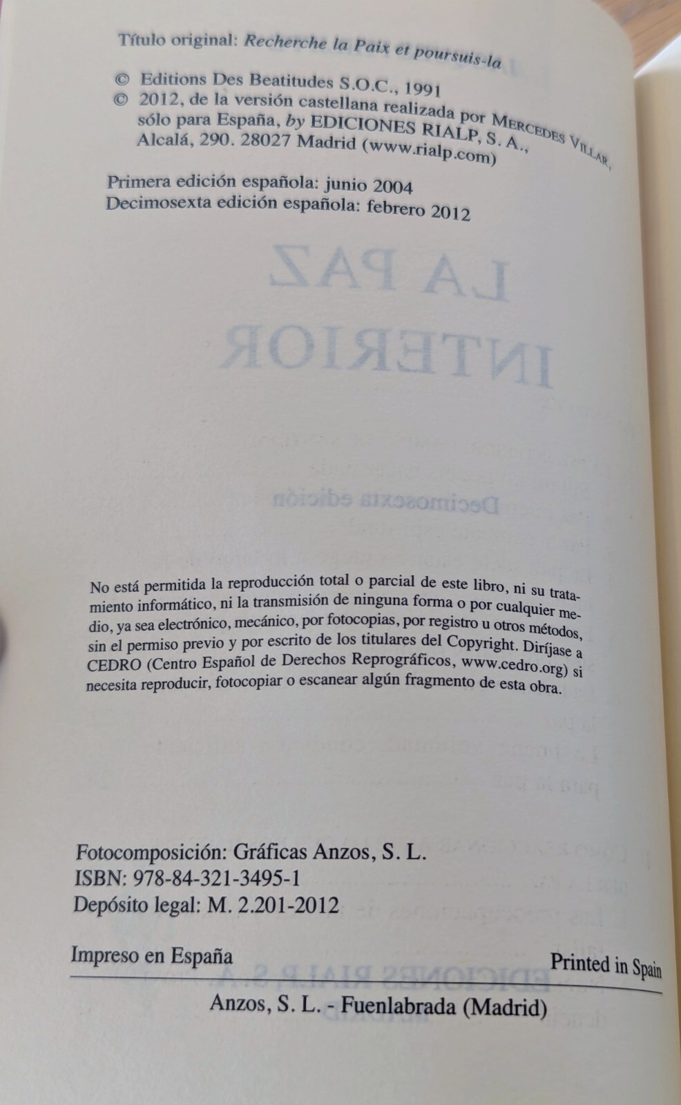 La Paz Interior (Spanish Edition) by Jacques Philippe *LIKE NEW*
