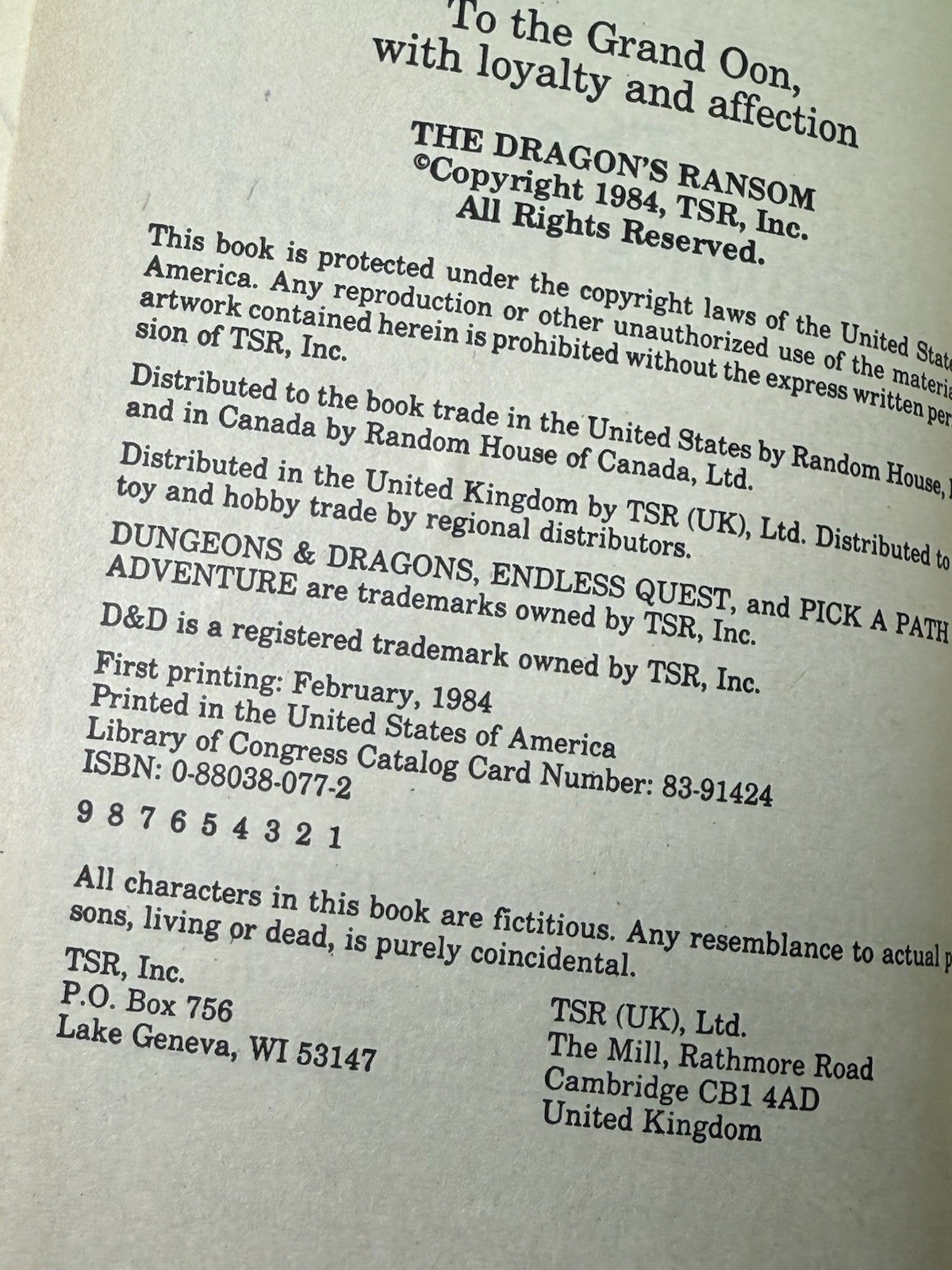 The Dragon’s Ransom Dungeons & Dragons Endless Quest Book 16 TSR 1st Printing 84