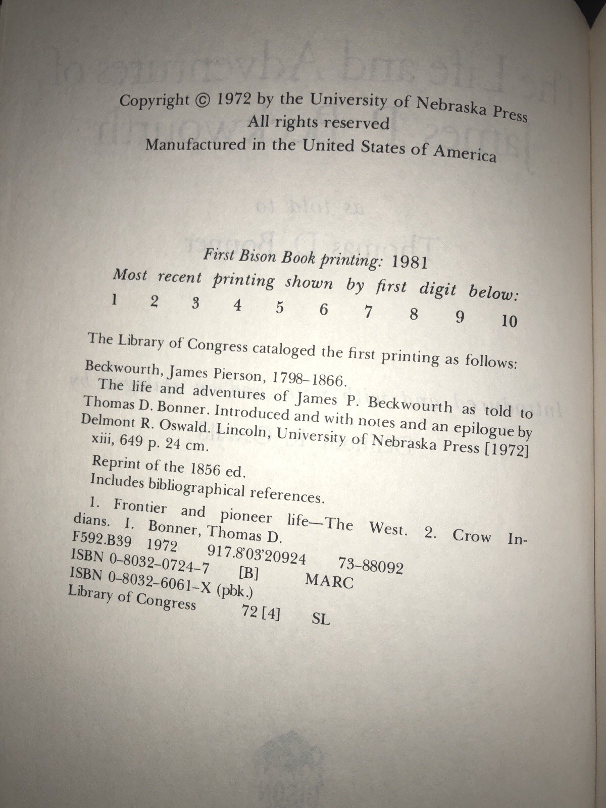 The Life and Adventures of James P Beckwourth as told to Thomas D. Bonner (1972)