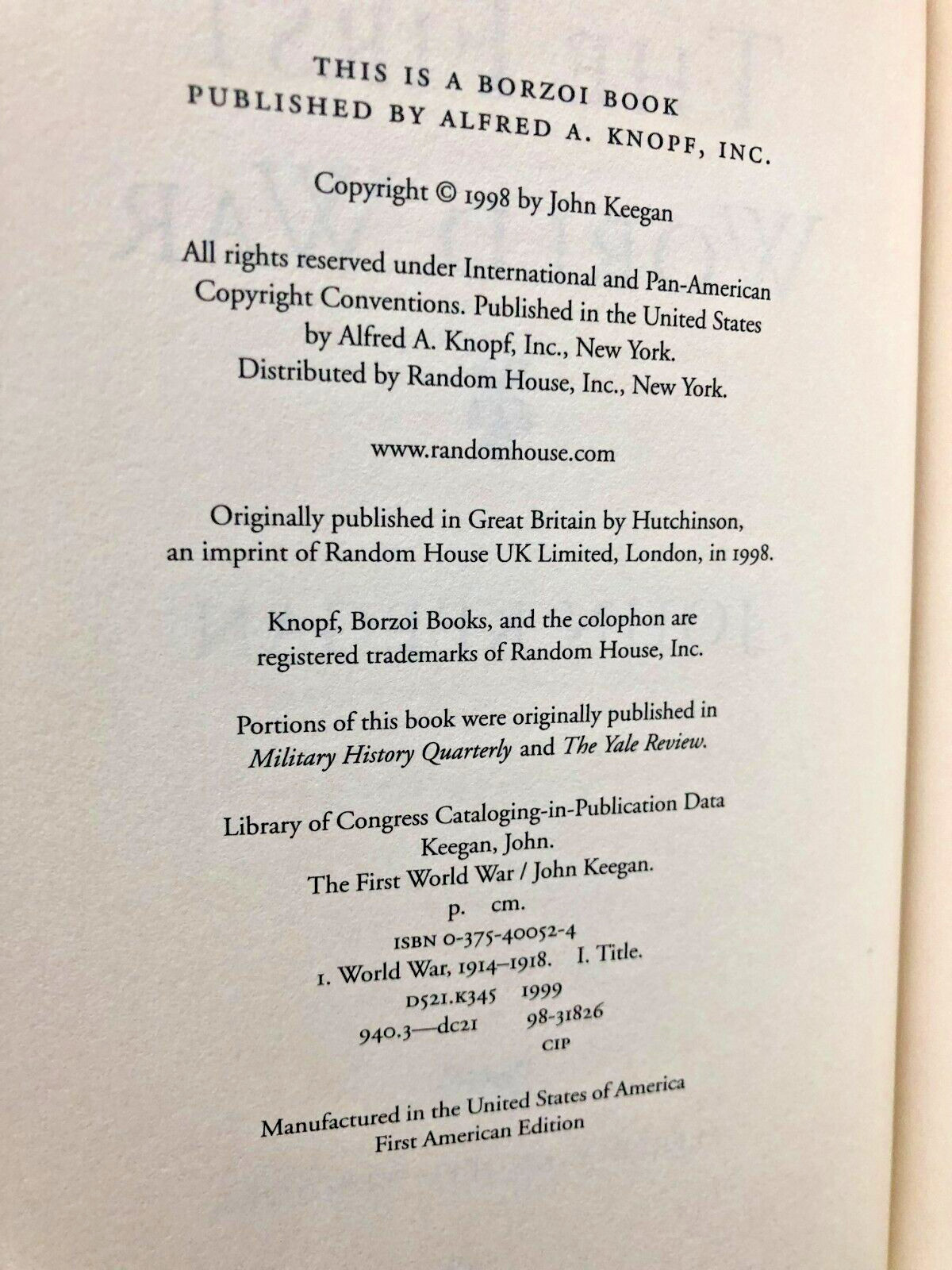 RARE 1ST U.S. EDIT! The First World War by John Keegan (1999 Hardcover) w/JACKET