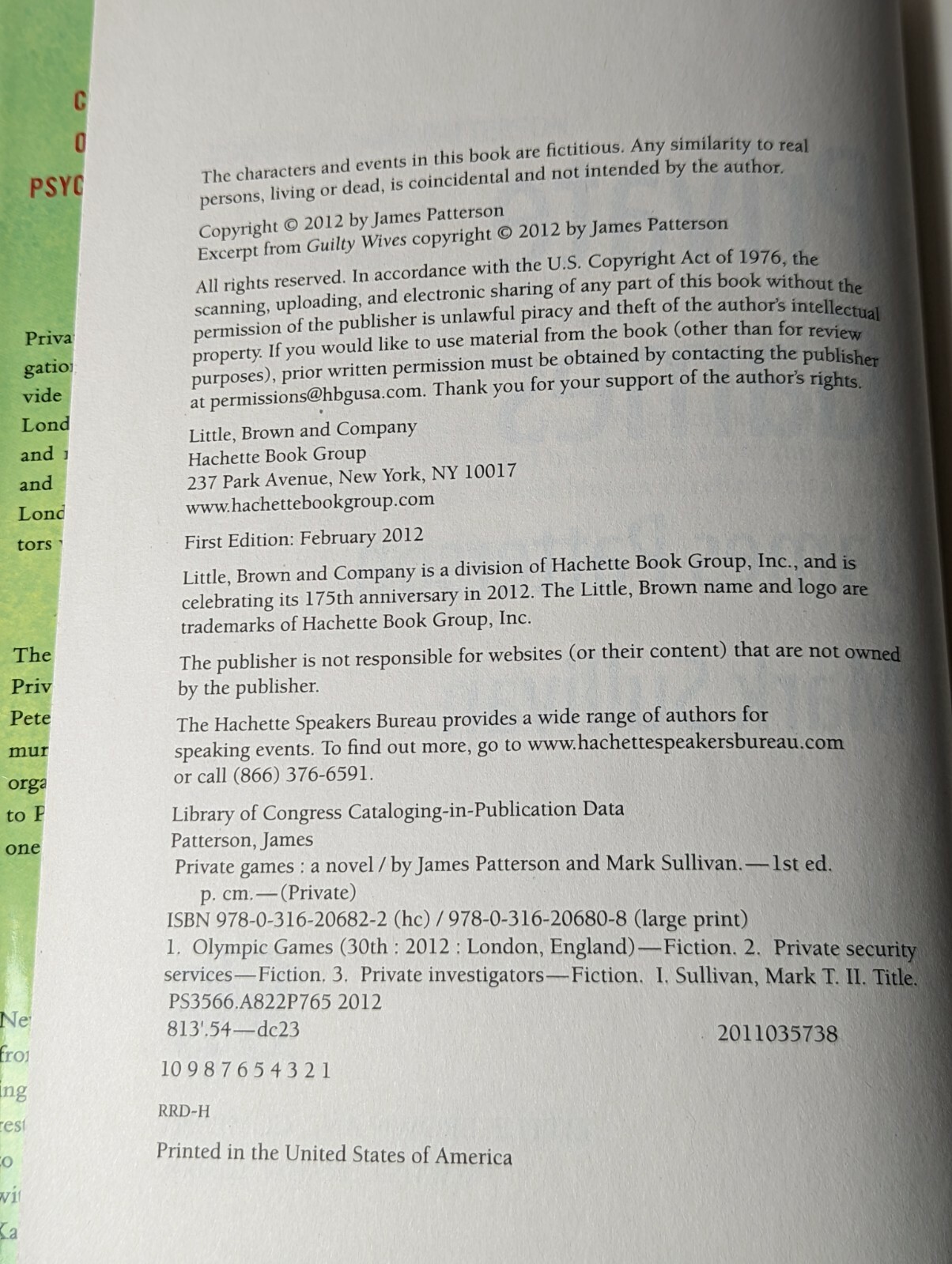 Private Games by James Patterson & Mark Sullivan, First Edition, 2012 Hard Cover