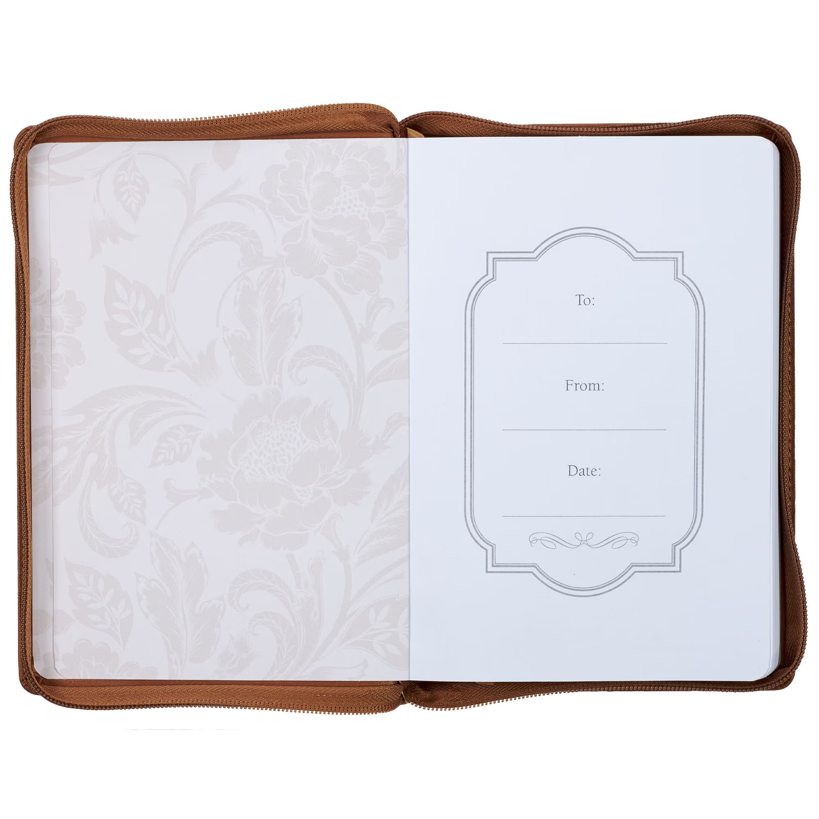 Brown Vegan Leather Zipped Journal, Inspirational Women’s Notebook Floral All