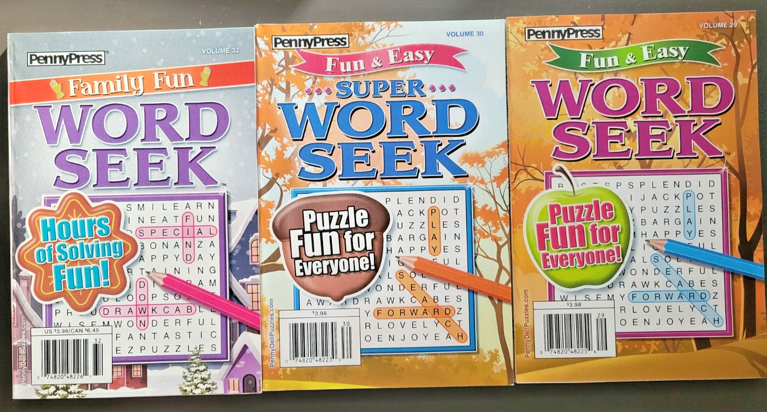Lot of 3 Penny Press Family Fun & Easy Word Seek Puzzles – Hours Of Solving Fun!