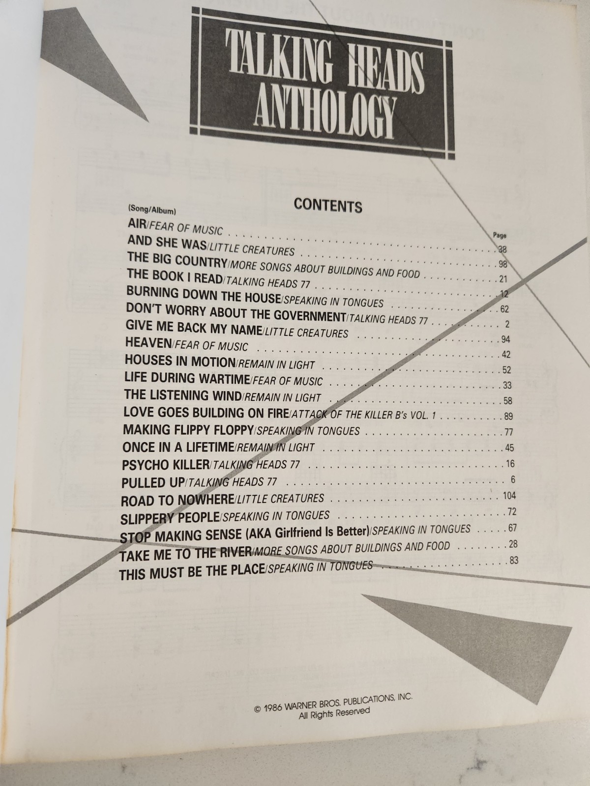 Talking Heads Anthology~Talking Heads~David Byrne~Excellent Music Book fr. 1986!