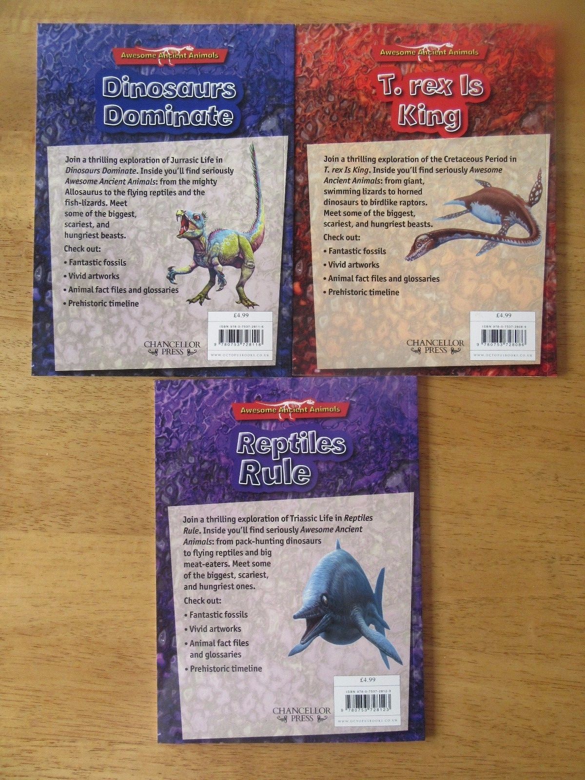 Lot of 3 NEW Awesome Ancient Animals Dinosaurs Reptiles T-Rex Fossils Ages 8-12