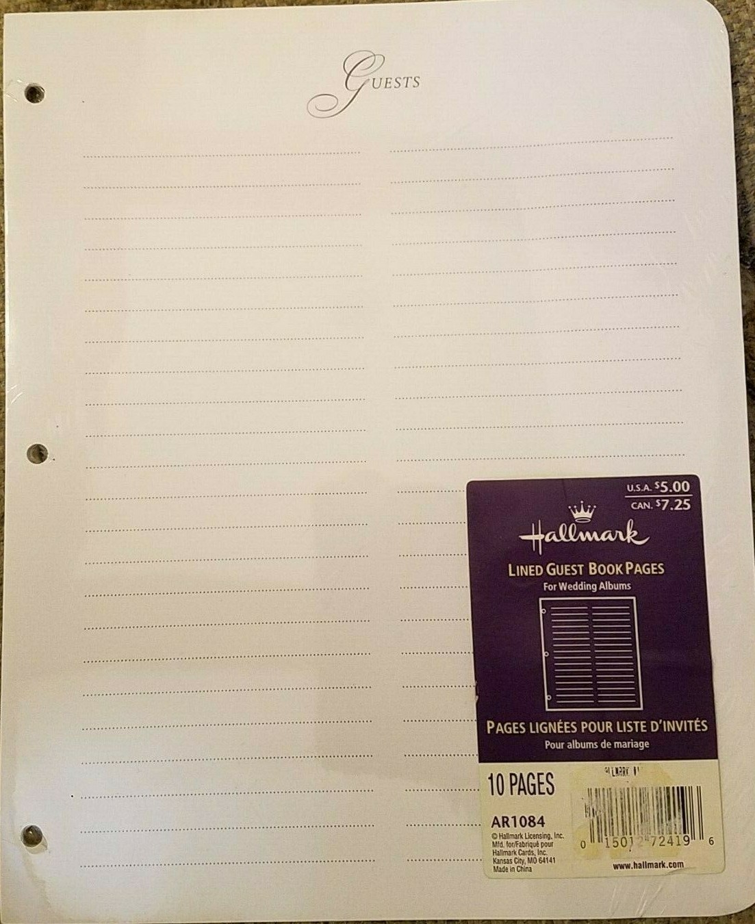 HALLMARK AR1084 LINED GUEST BOOK PAGES ~ 10 Count ~ NOS in Wrap ~ Free Shipping!