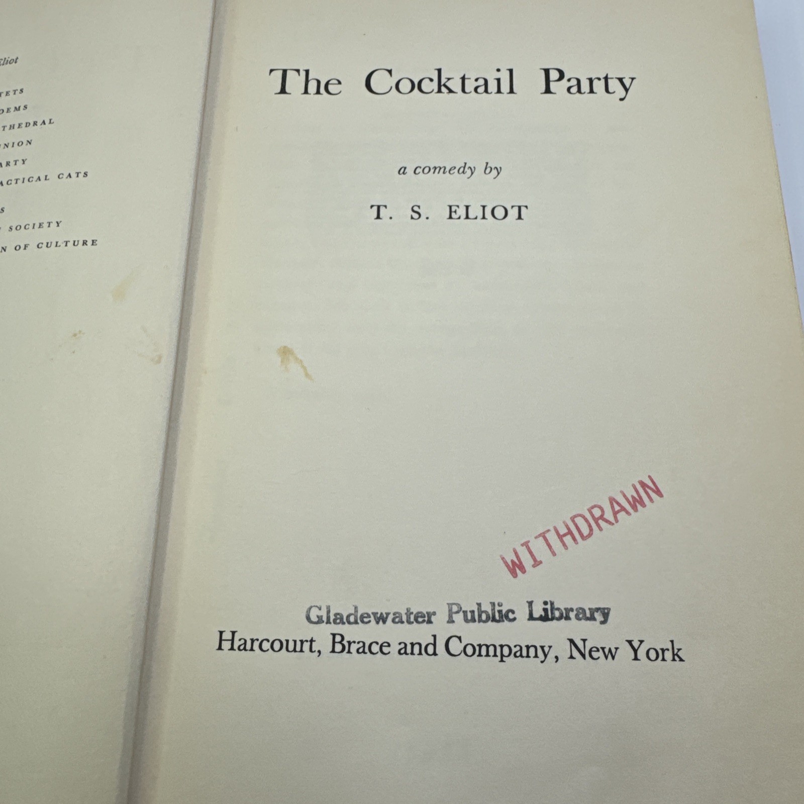 The Cocktail Party A Comedy by T. S. Eliot ExLib 1950 HC Harcourt Brace and Co