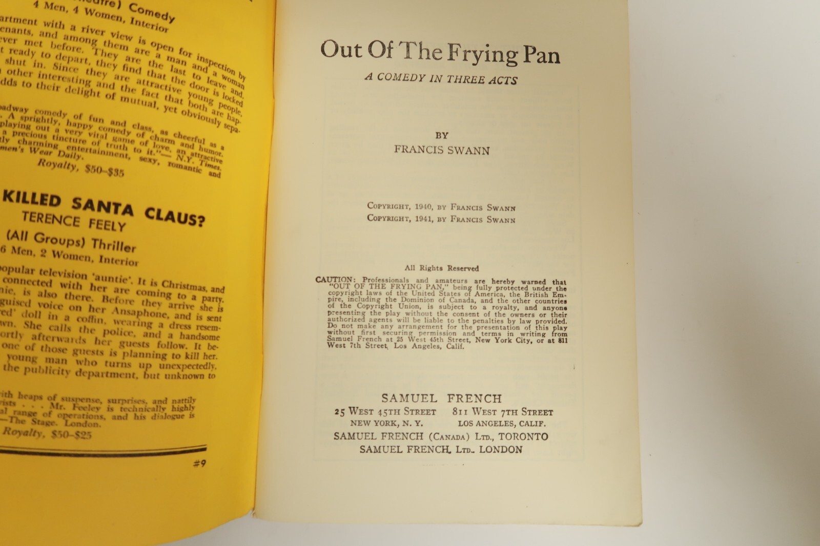 Out of The Frying Pan by Francis Swann Samuel French Library Edition Book