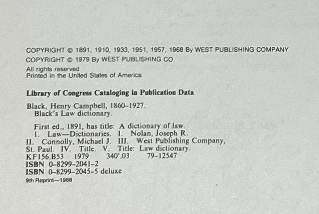 Black’s Law Dictionary: Special Deluxe 5th Ed. by Henry Campbell Black- 1988 HC